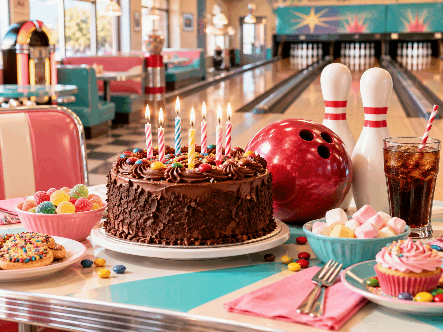 Gâteau d’anniversaire, bonbons et bowling dans une ambiance diner rétro