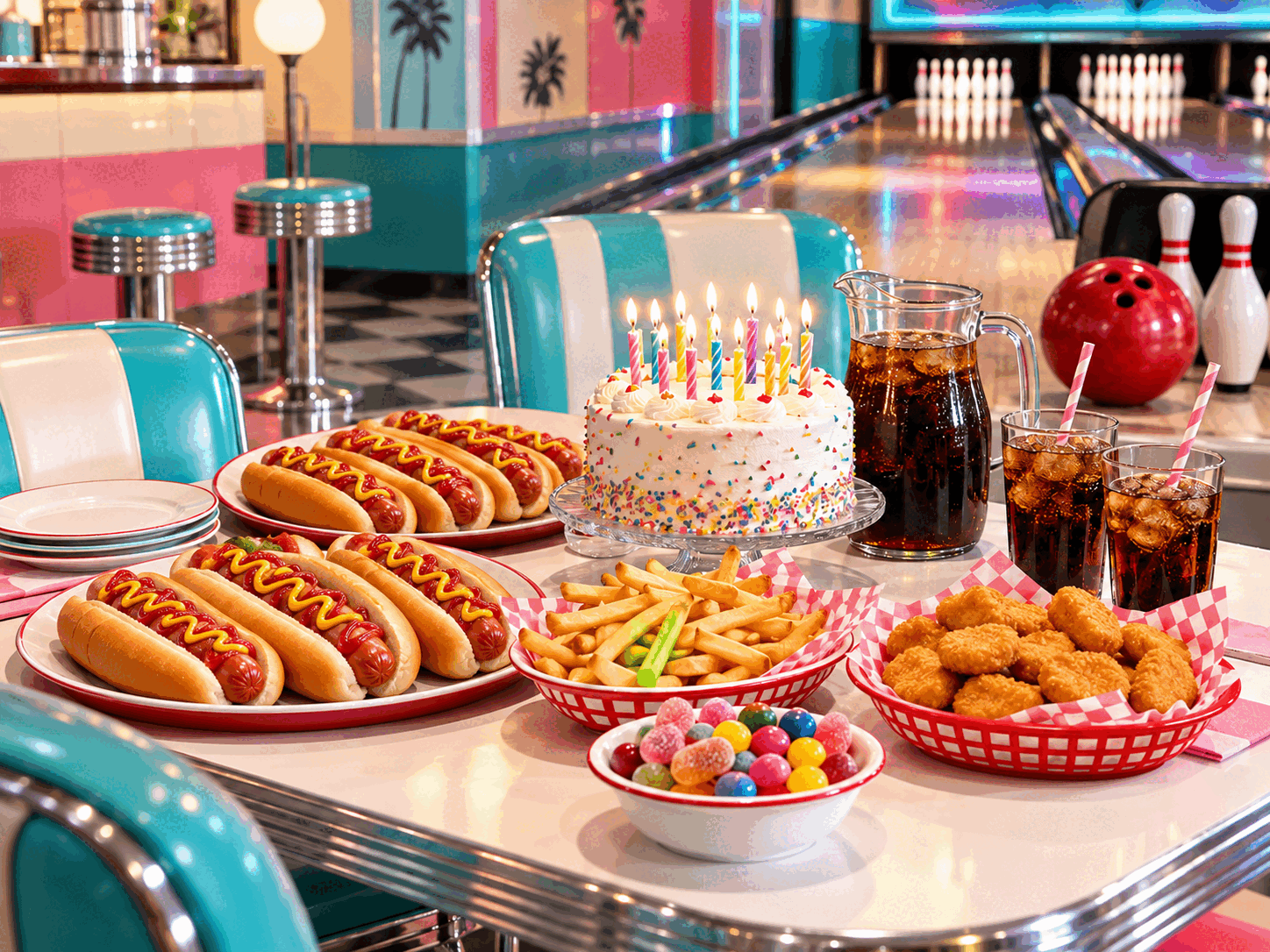 Plateau salé de mini hot-dogs, nuggets et frites pour un anniversaire au bowling
