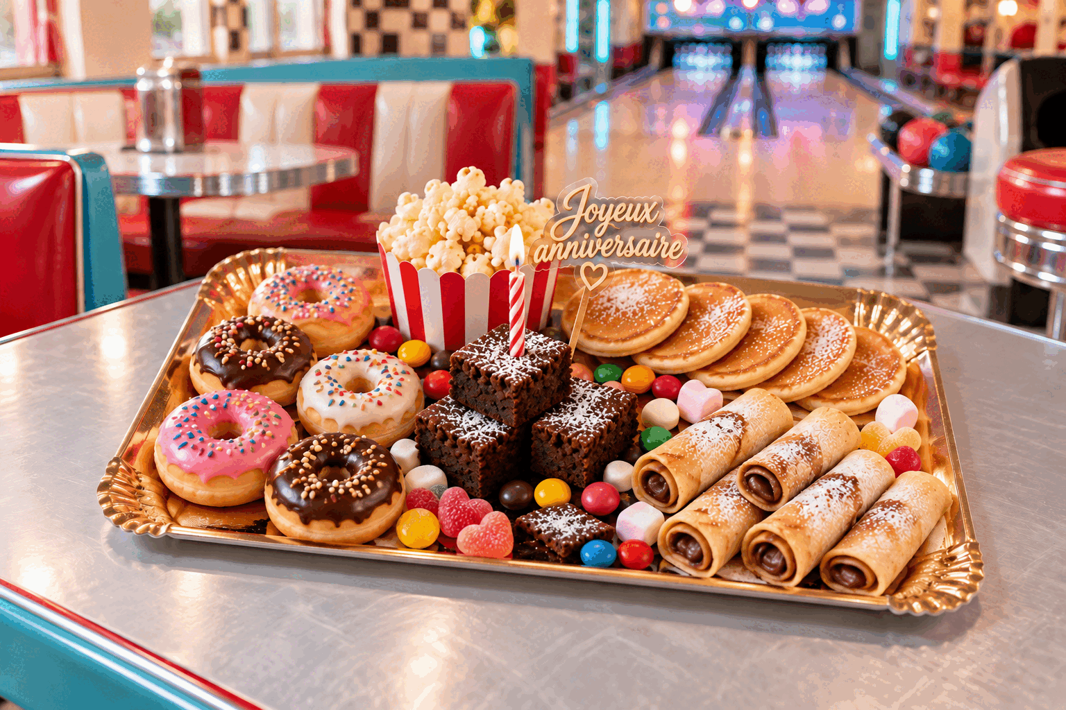 Plateau sucré varié de mini-pâtisseries, pop-corn et bonbons pour un anniversaire au bowling