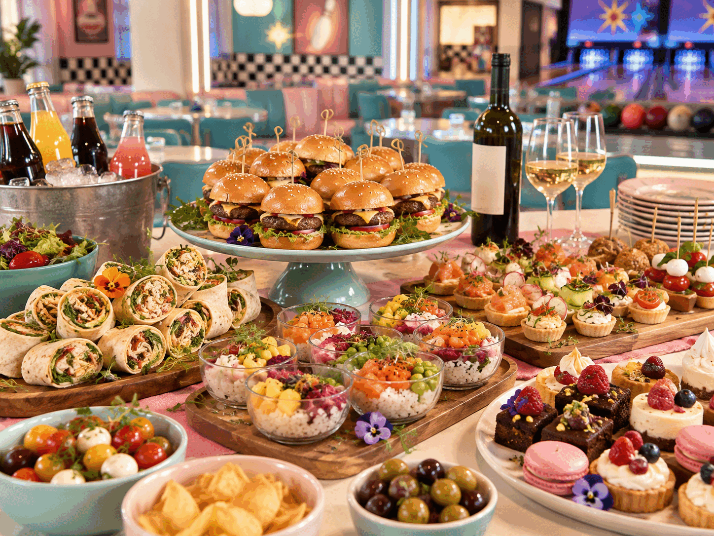 Buffet dînatoire composé de bouchées salées, plateaux sucrés et boissons