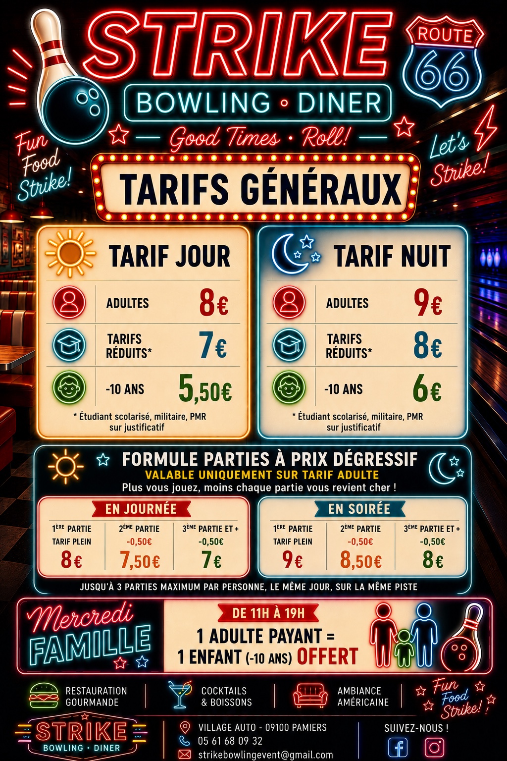 Fiche complète des tarifs généraux du Strike Bowling Diner Pamiers